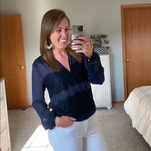 Ann Taylor Sheer Navy Blue with Black Lace Blouse